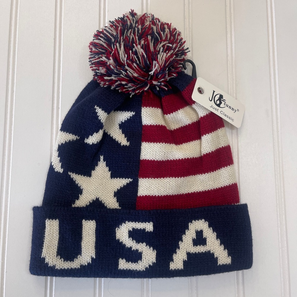 NWT JC Sunny USA Flag Beanie Hat Stars Stripes Pom Pom Knit Cap Red White Blue